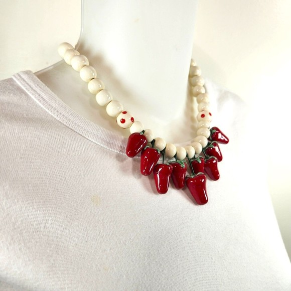 Vintage Flying Colors Strawberry Charms Necklace Ceramic Art 16.5 Inch Red White - Picture 3 of 8